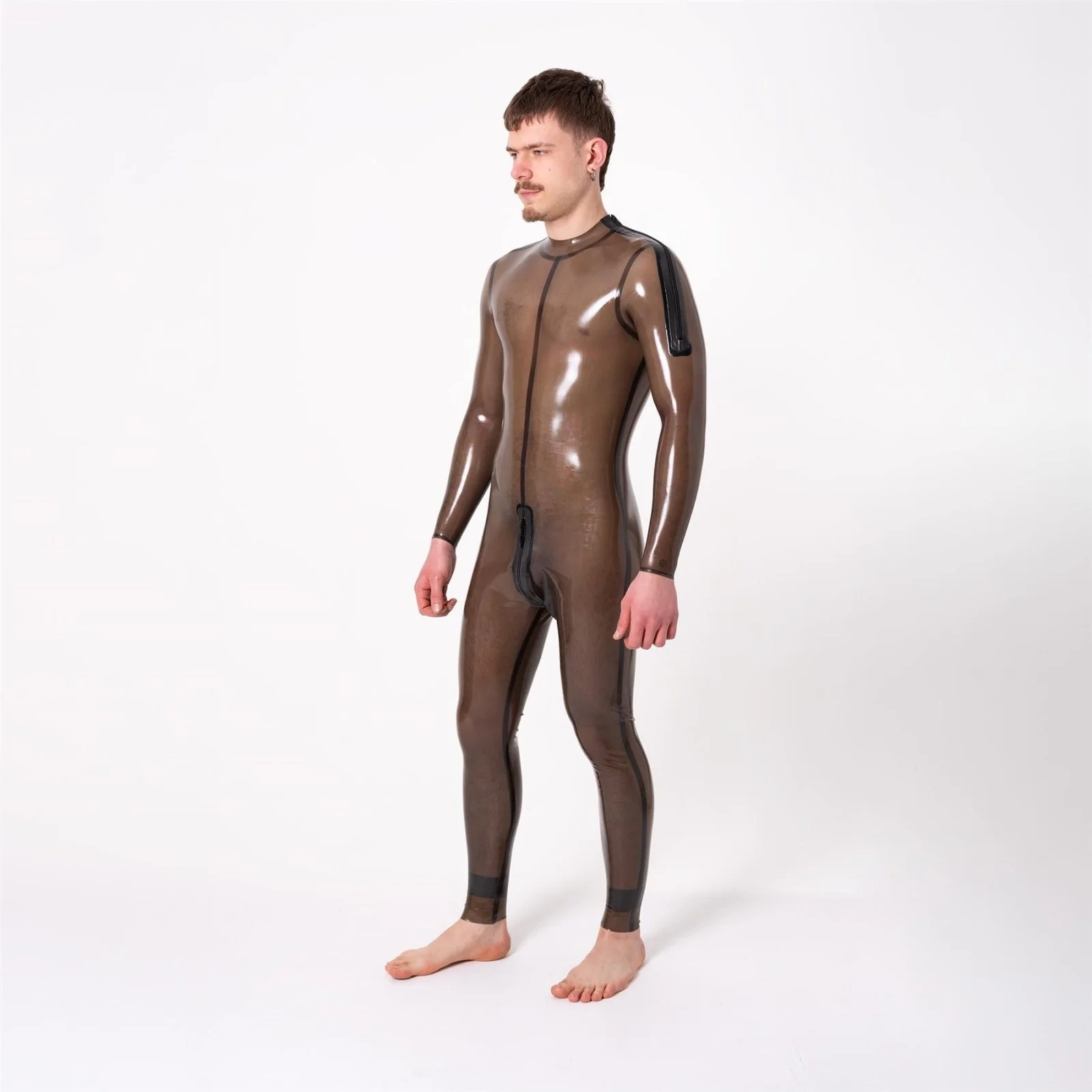 Rubber Catsuit, Shoulder Entry, All-Round Zip, Semi Trans Smokey Black